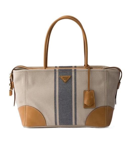 Prada Brown Large Canvas And Leather Tote Bag