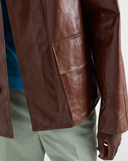Prada Brown Vintage-Look Leather Blouson Jacket for men