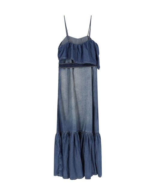Pinko Blue Ruffled Thin Strap Denim Maxi Dress