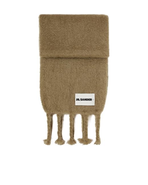 Jil Sander Green Logo Patch Fringed Scarf