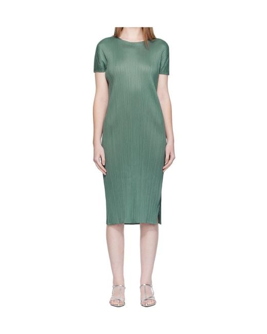 Pleats Please Issey Miyake Green Pleated Short-Sleeve Dress