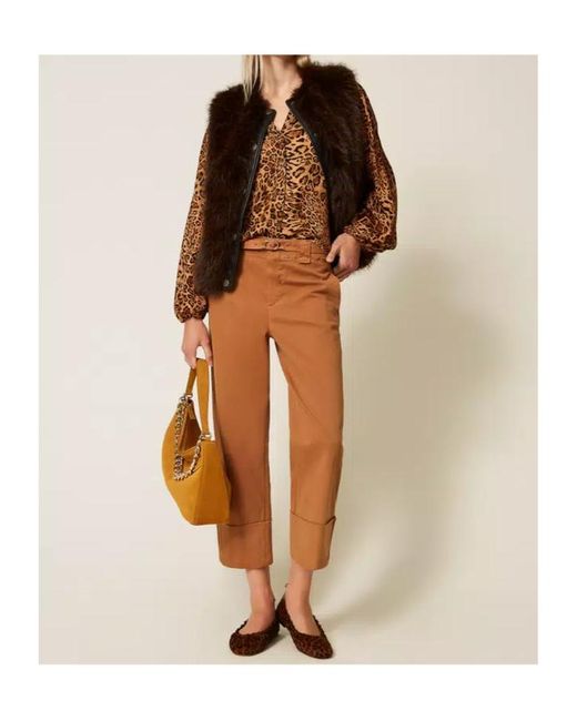 Twinset Brown Leopard-Print Mock-Neck Shirt