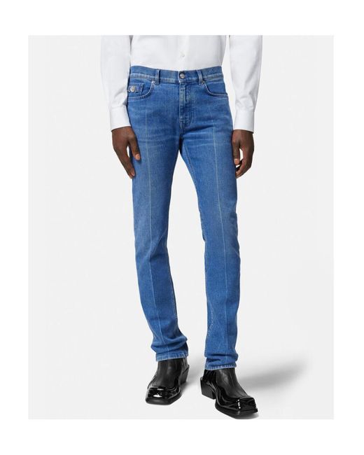 Versace Blue Logo-Patch Slim-Cut Denim Jeans for men