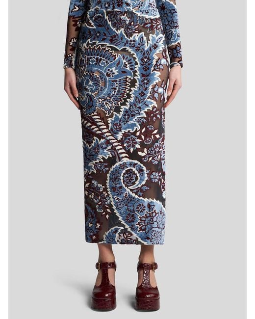 Etro Blue Pattern-Jacquard Velvet Midi Skirt