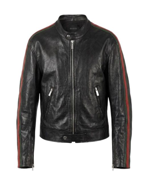 Gucci Black Buffalo Leather Biker Jacket With Web