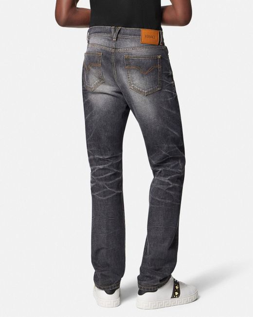Versace Gray Logo-Patch Straight-Leg Jeans for men