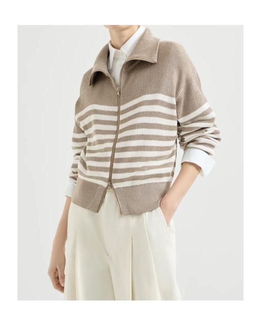 Brunello Cucinelli Multicolor Sparkling Cotton Striped English Rib Cardigan With Zipper And Monili