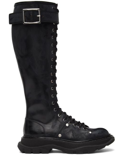 McQueen Black Tread Knee-High Boots