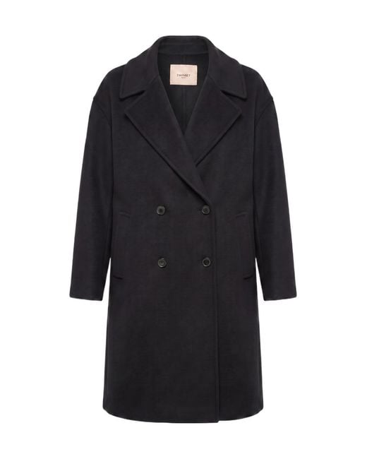 Twinset Black Double-Breasted Notched Collar Coat