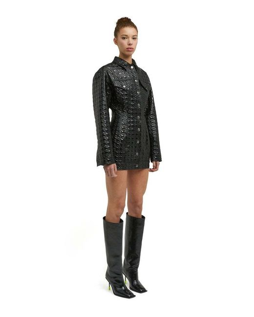 MSGM Black Embossed-Pattern Fitted Waist Shirt Jacket