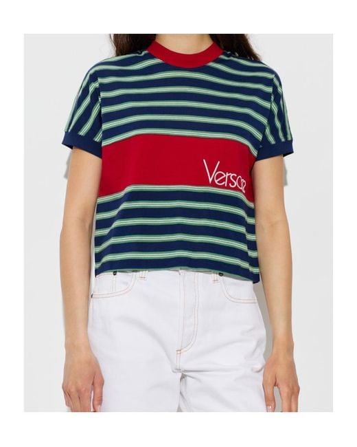 Versace Logo Embroidered Striped Knitted T-Shirt