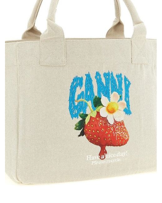 Ganni Blue Strawberry-Printed Medium Shopping Bag