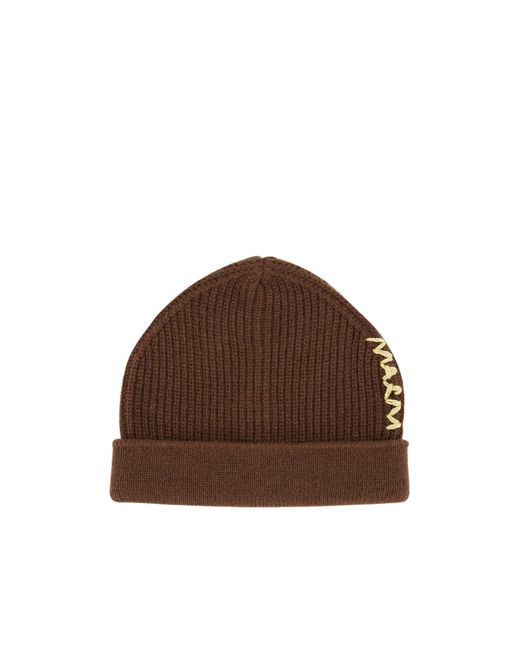 Marni Brown Logo Knitted Beanie for men