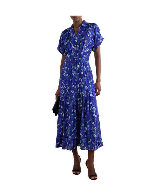 Saloni Blue Floral-Printed Chiffon Midi Dress