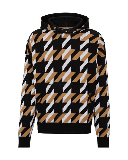 Boss Black Geometric-Pattern Knit Hoodie for men