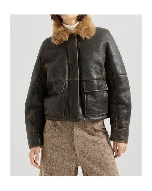 Brunello Cucinelli Gray Shearling Aviator Jacket With Monili