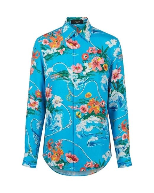 Gucci Blue Printed Collared Long-Sleeve Shirt for men