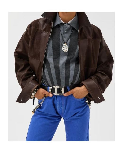 Versace Brown Geometric Panelled Leather Jacket for men