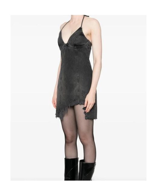 Blumarine Black Halter-Neck Frayed Denim Dress