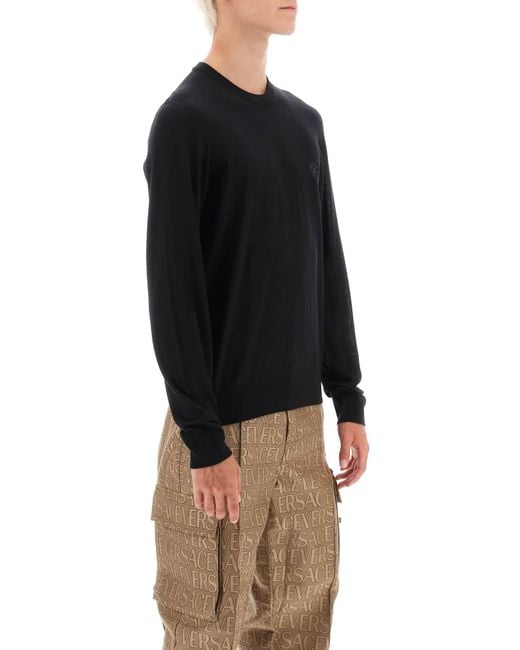 Versace Black Logo Embroidered Crewneck Knitted Jumper for men