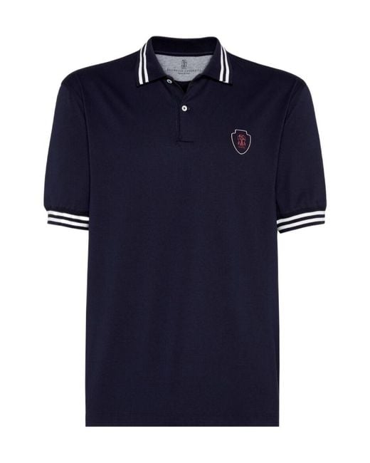 Brunello Cucinelli Blue Logo Embroidered Short-Sleeved Polo Shirt for men