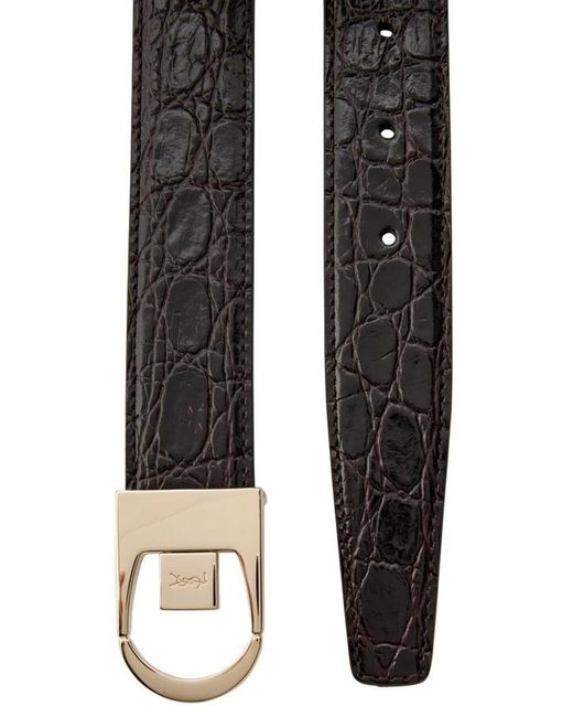Saint Laurent White Logo-Engraved Crocodile Glossed Leather Belt