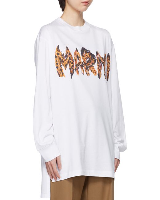 Marni White Feline Print Logo Bio Jersey Long T-Shirt