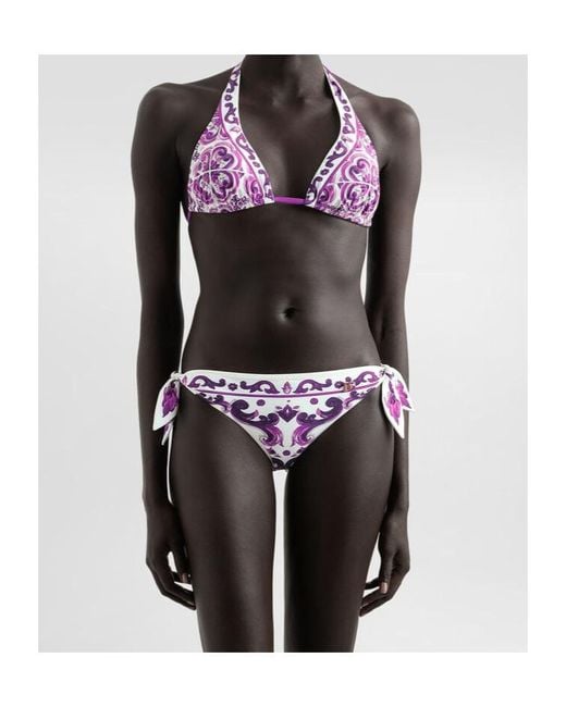 Dolce & Gabbana Purple Majolica-Printed Triangle Bikini Set