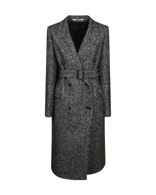 Tagliatore Black Herringbone Belted Coat