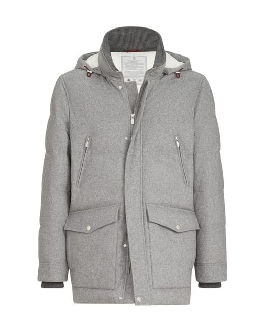 Brunello Cucinelli Gray Hooded Padded Coat for men