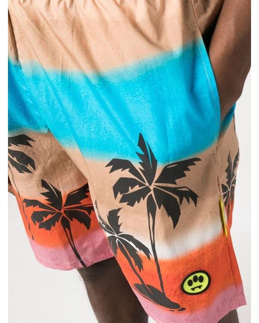 Barrow Blue Palm-Tree Printed Striped Bermuda Shorts for men
