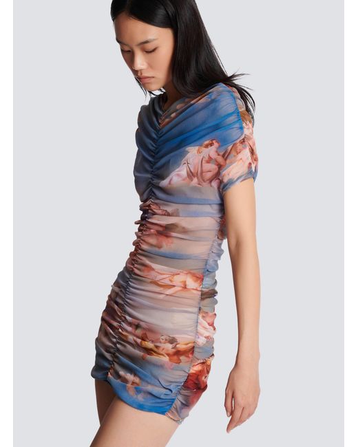 Balmain Blue Sky Printed Gathered Tulle Dress