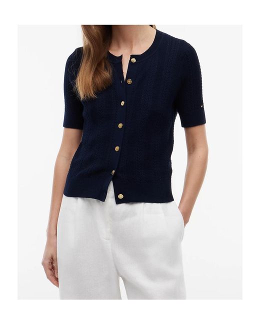 Tommy Hilfiger Blue Pointelle-Tone Button Short Sleeve Cardigan