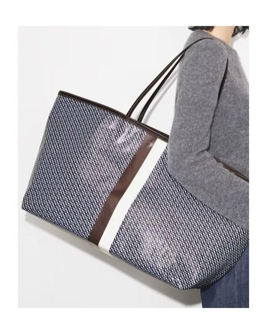 Tory Burch Gray Xl Racer Stripe Print Tote Bag