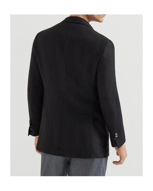 Brunello Cucinelli Black Silk, Linen And Wool Hopsack Deconstructed Blazer With Metal Buttons for men