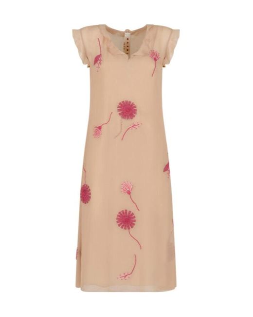 Marni Pink Nude Silk Dress With Camellia Embroidery