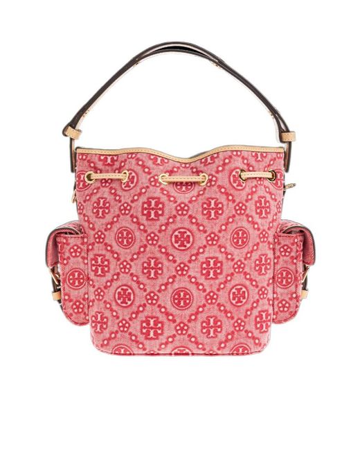 Tory Burch Pink T Monogram Denim Bucket Bag