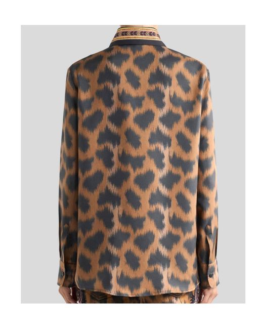 Etro Brown Silk Twill Shirt With Animal Motif
