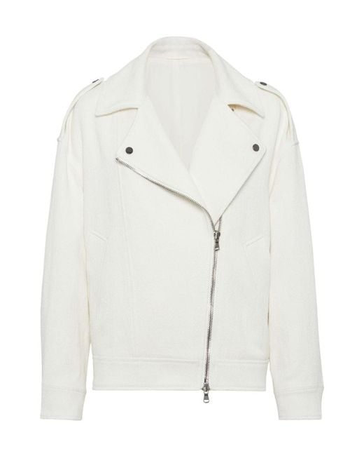 Brunello Cucinelli White Long-Sleeved Zipped Biker Jacket