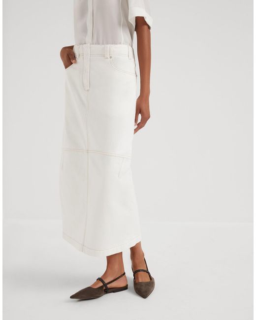 Brunello Cucinelli White High-Waisted Denim Midi Skirt