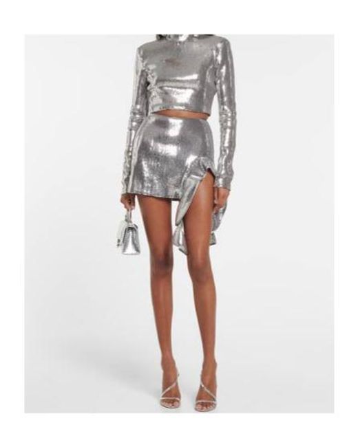 David Koma Gray Sequined Mockneck Crop Top