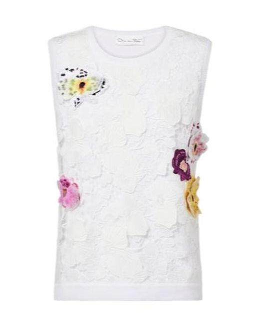 Oscar de la Renta White Lace-Trimmed Floral-Appliqué Cotton-Blend Top