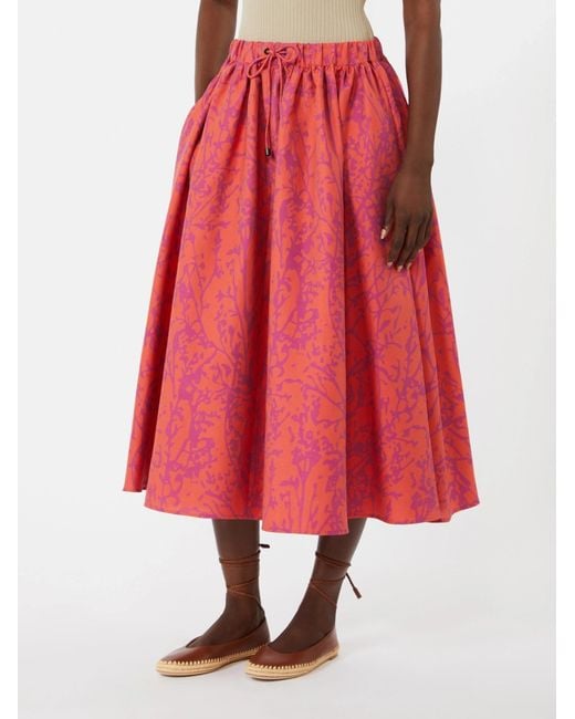 Max Mara Red Cotton-Silk Printed Midi Skirt