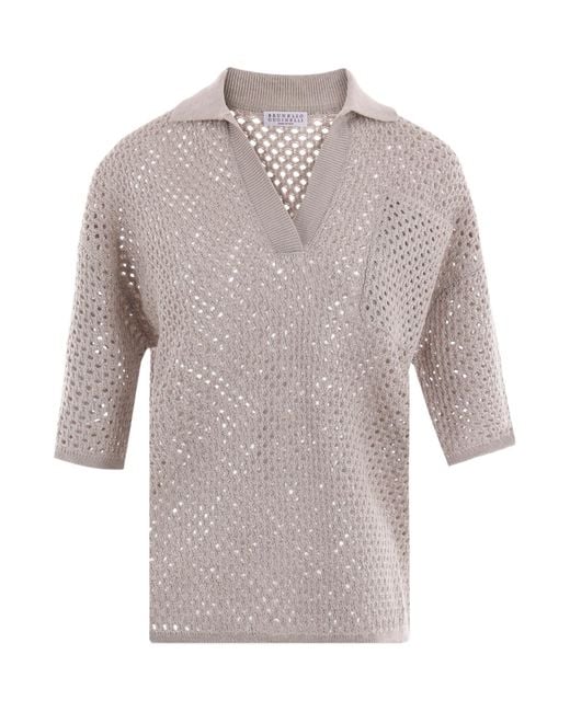 Brunello Cucinelli Gray Open-Knitted Short Sleeved Polo Jumper