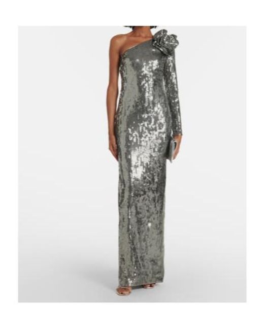 Roland Mouret Gray Floral-Appliqué Sequined Gown