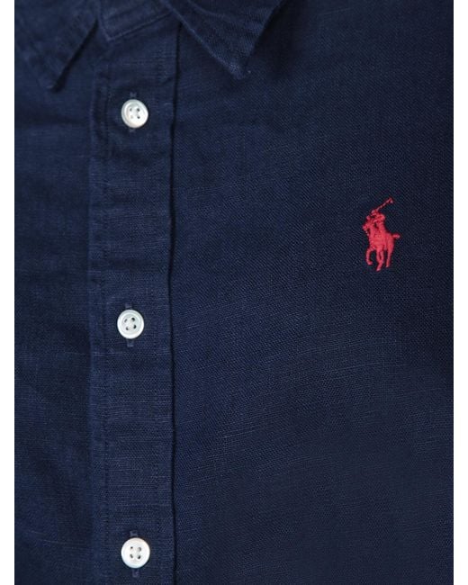Polo Ralph Lauren Blue Pony Embroidered Tied-Waist Midi Shirt Dress