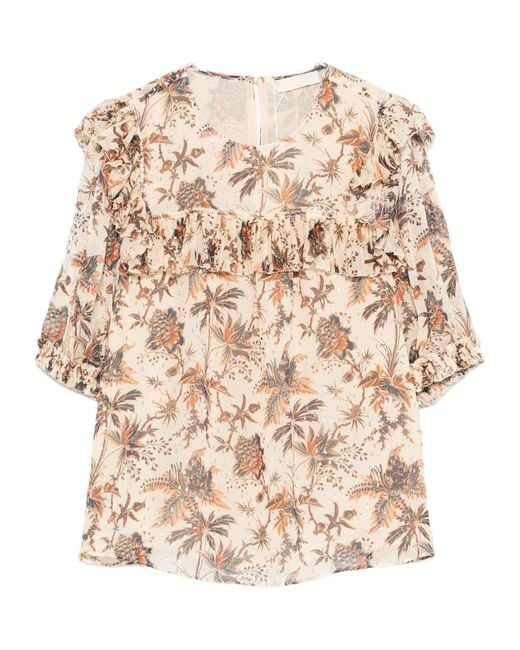 Ulla Johnson Natural Lace-Edged Floral Blouse