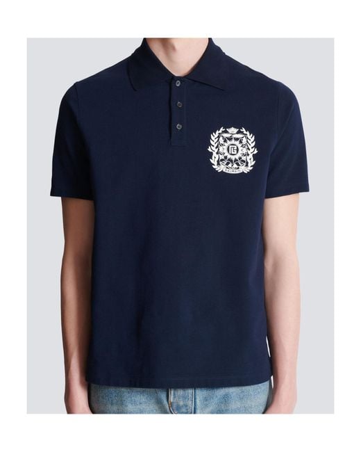 Balmain Blue Cotton Crest Polo Shirt for men