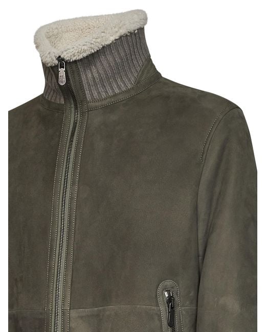 Brunello Cucinelli Green Shearling Collar Zip Jacket for men