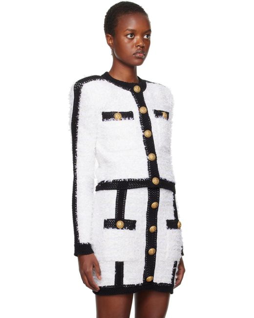 Balmain White Buttoned Cropped Tweed Jacket